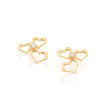 Imagem de Brinco Feminino Rommanel Corações Vazados Banhado a Ouro 18k com Zircô