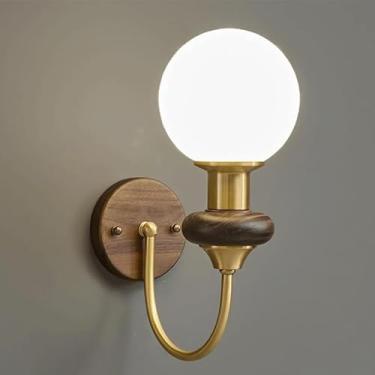 Imagem de Luminária de parede com corpo de cobre e base de nogueira, luminárias de parede ajustáveis de três cores, abajur de vidro redondo francês, luminária de parede para sala de estar e quarto