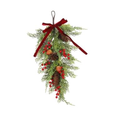 Imagem de Generic Enfeite de Natal em forma de lágrima, guirlanda artificial feita à mão com laço, guirlanda para porta da frente para jardim, festivo, ano novo