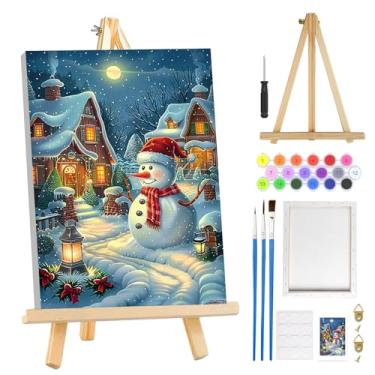 Imagem de MOGTAA Kit de pintura de Natal por números para adultos iniciantes com moldura, kits de pintura por números de boneco de neve em tela com cavalete, kits de pintura a óleo de paisagem DIY fáceis para