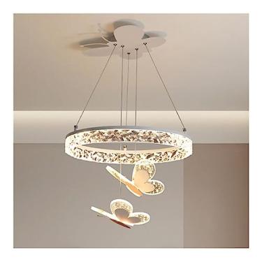 Imagem de Lustre de cristal borboleta rosa moderna luz suspensa de cristal redondo com pingente de borboleta montagem embutida LED luz pendente regulável, para quarto de crianças (cor: branco)