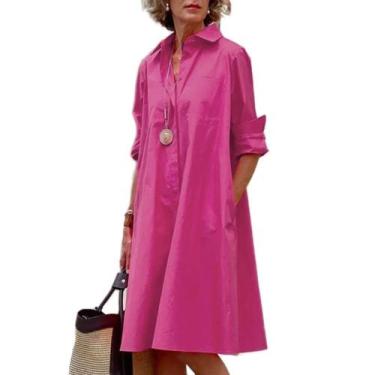 Imagem de Vestido Zhyaj Polka Dot Midi de manga comprida com botão rosa para mul