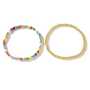 Imagem de EQUBIO TILA Pulseira feminina – Contas quadradas coloridas com detalhes de cobre dourado de 2/3 mm, joia em camadas boho elástica feita à mão