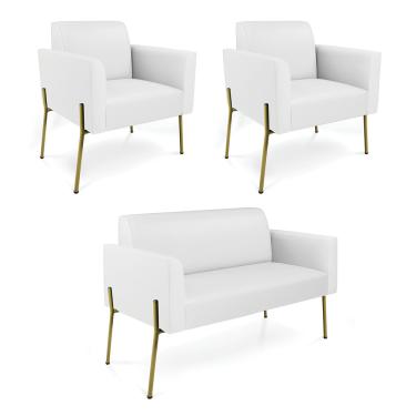 Imagem de Sofá Namoradeira e 2 Poltronas Pé de Ferro Dourado Marisa Corino Branco D03 - D'Rossi