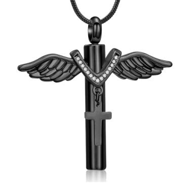 Imagem de zeqingjw Colar de urna com cruz de asas de anjo para cinzas, cruz de cristal, joias de cremação, lembrança, suporte de cinzas, presente memorial para mulheres e homens, Aço inoxidável, Sem Pedra