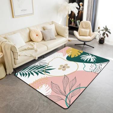 Imagem de Tapete rosa verde fofo de flores para sala de estar | Tapete de área grande com círculo boho, 12 x 17 cm, lavável, antiderrapante, redondo, folha botânica, abstrato, tapete para sala de jogos, sala de