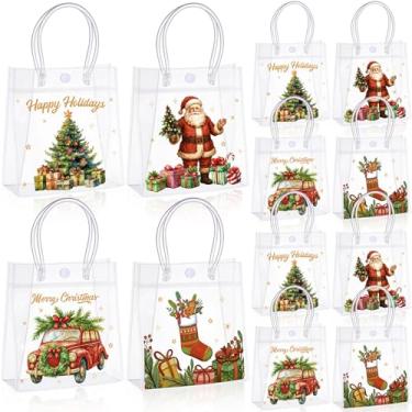 Imagem de Sweetude 24 sacos de presente retrô transparentes com alças 16,3 x 15,9 x 7,8 cm, lembrancinha de festa de Natal, sacolas de presente de plástico para presente de Natal, para férias, inverno