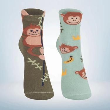 Imagem de Kit 02 Pares de Meia Soquete Divertida 3D Macaquinho Safari - Cia das 