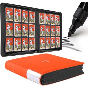 Imagem de Fichário de cartão premium com 12 bolsos – serve para 1200 cartões, fichário de cartão sem anel 3 x 4 com mangas para cartões colecionáveis e cartões esportivos (modelo D, laranja brilhante)