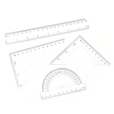 Imagem de Conjunto de réguas geométricas para estudantes 20 cm - 4 peças de ferramentas matemáticas transparentes (régua reta + 2 triângulos + transferidor) - Material escolar de plástico durável para sala de