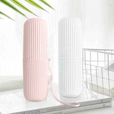 Imagem de Pacote com 2 estojo de viagem para escova de dentes com capa portátil para viagens de negócios, acampamento, casa, escola rosa * 1 branco * 1