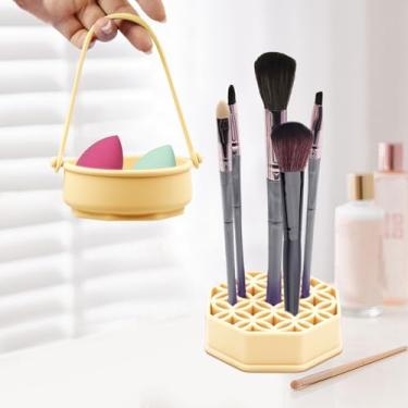 Imagem de Tapete de limpeza de pincel de maquiagem - limpador de pincéis de maquiagem, tigela portátil de silicone para limpeza de pincéis com suporte de secagem (amarelo)