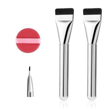 Imagem de Generic Conjunto de 3 pincéis de base plana, com puff de maquiagem, cerdas de fibras artificiais macias, cabo de alumínio, para base e mistura