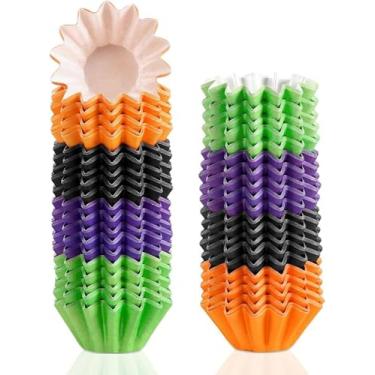 Imagem de 200 peças de mini forros de cupcake resistentes à gordura de Halloween, laranja, roxo, preto, verde, donuts, copo de panificação, papel descartável, envoltórios de queque, bandejas, envoltórios de