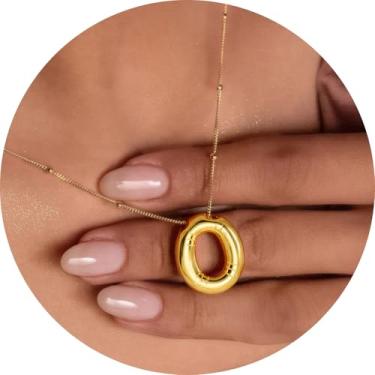 Imagem de Colar feminino com inicial de aço inoxidável banhado a ouro 18K, pingente de letra bolha de A a Z, joia personalizada do alfabeto fofo de A a Z, 18+2in, Aço inoxidável, Sem Pedra Preciosa