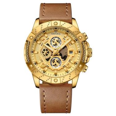 Imagem de Relógio Masculino Pulseira Couro Genuino Esportivo Quartzo à Prova D´agua Dourado