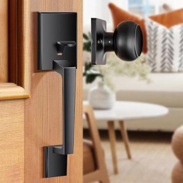 Imagem de Elemake Maçaneta de porta frontal preta, maçaneta moderna para porta frontal, fechadura de porta de passagem resistente para interior e exterior, maçaneta reversível | Preto fosco