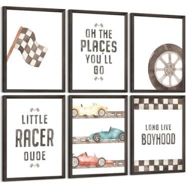 Imagem de Arte de parede de carro de corrida em tela para quarto de meninos decoração de parede vintage berçário impressão de veículo infantil pôster retrô fotos de carro para meninos quarto sala de jogos 30,5