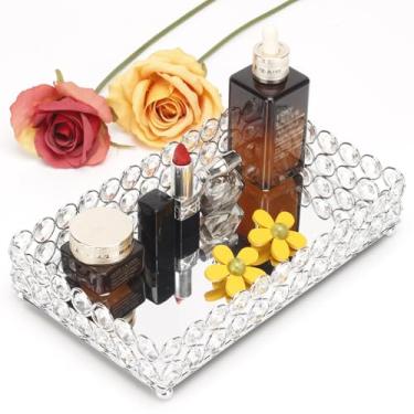 Imagem de Elegante bandeja de perfume espelhada de cristal prata para penteadeira, mesa de centro e decoração de casa - pequena bandeja de vidro para joias, perfumes e itens decorativos - Bandeja para perfumes