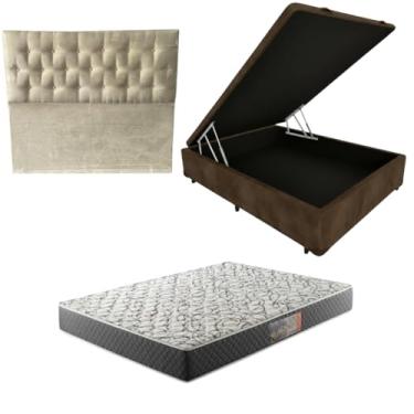 Imagem de Cama Box Baú Blindada com Colchão de Espuma D33 17cm + Cabeceira Botonê (SUEDE MARROM, Casal)