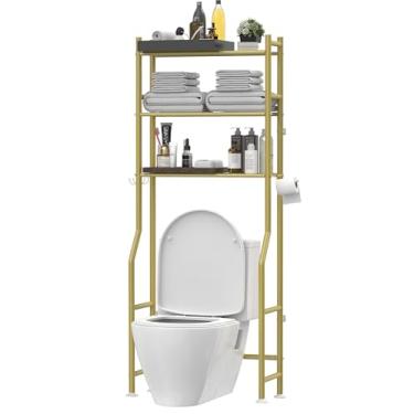 Imagem de Livilord Armazenamento sobre o vaso sanitário de 3 camadas, prateleiras de banheiro independentes de metal com 4 ganchos, prateleira de armazenamento sobre vaso sanitário com suporte de papel, acima
