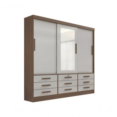 Imagem de Guarda Roupa Casal Meridian Com Espelho 3 Portas 9 Gavetas Sem Pés - D' Doro Castanho/off White