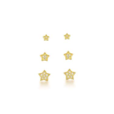 Imagem de Kit Trio De Brincos Estrelas Banhadas A Ouro 18k