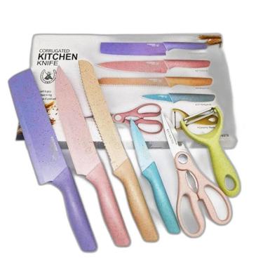 Imagem de Jogo De Facas 6 Peças Antiaderente Coloridas Cutelo Tesoura
