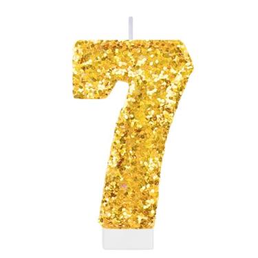 Imagem de Vela de aniversário dourada número 7 para bolo, topo de bolo dourado com glitter, decorações grandes de 7º aniversário, suprimentos de festa para mulheres e homens, decoração de cupcake de princesa