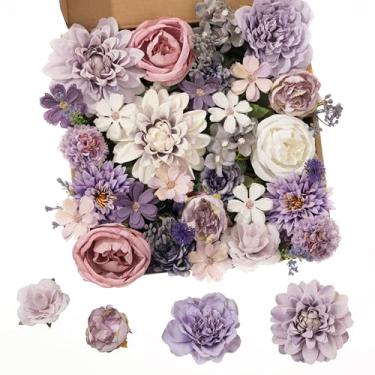Imagem de Khyxvbcd Conjunto de 30 flores artificiais, flores roxas, flores de seda, rosas de dália, com hastes para buquês de noiva, chá de bebê, arranjos florais, centros de mesa, decorações de casa
