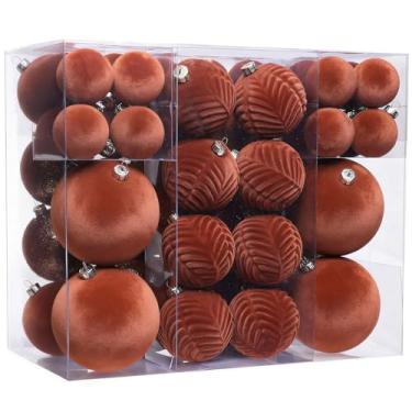 Imagem de Conjunto de 53 peças de enfeites de Natal de veludo, bolas de Natal flocadas marrons com sinos de Natal e enfeites de papel, conjunto de decorações de árvore de Natal penduradas à prova de