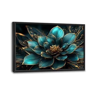 Imagem de Arte de parede grande emoldurada para sala de estar, decoração de parede em tela de flor azul-petróleo, pintura emoldurada de imagem grande, arte moderna para quarto, escritório, decoração de casa 91