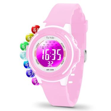 Imagem de TixYolo Relógio digital infantil com 7 luzes coloridas à prova d'água, alarme, cronômetro, pulseira macia, presente para crianças, relógio esportivo para meninos e meninas de 5 a 12 anos, rosa