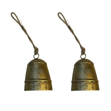 Imagem de Trrystals Sino de pendurar de ferro feito à mão com corda – Decoração rústica vintage para casa, jardim e espiritual (sino de latão rústico em forma de cone com corda de juta)