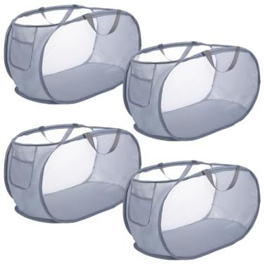 Imagem de Pacote com 4 cestos de roupa suja de malha pop-up, cesto de malha pop-up cinza, cestos de lavanderia dobráveis abertos com alça durável, cestos de roupas de plástico para casa, faculdade, dormitório