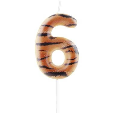 Imagem de Velas de aniversário de tigre número 6, decorações de bolo de animais selvagens, estampa realista de listras de tigre com tema de animais selvagens, para meninos, meninas, crianças, festa de