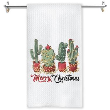 Imagem de GOOZHO Merry Christmas Toalhas de cozinha de cacto, presentes para amantes de cactos, toalhas de chá para decoração de cozinha, toalha de mão de planta com luzes de Natal para decoração de banheiro