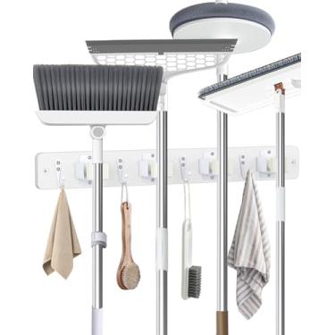 Imagem de AceMining Suporte de vassoura montado na parede, branco, 4 suportes e 4 ganchos, suporte de esfregão e vassoura de madeira com borracha antiderrapante, suporte de escova de madeira de pinho natural