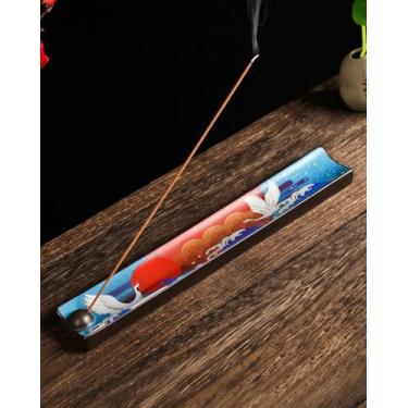 Imagem de TEAVOR Suporte de incenso japonês com apanhador de cinzas - Queimador de incenso de cerâmica com arte tradicional Ukiyo-e, para meditação zen, decoração de casa e presente