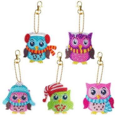 Imagem de 5 peças de kits de chaveiros de pintura de diamante coruja diamante ornamentos de chaveiros DIY arte 5D pedantes para iniciantes, aniversário, Natal, artesanato, decoração de festa em casa