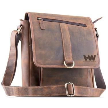 Imagem de Handmade World Bolsa tiracolo pequena de couro búfalo de flor integral para tablet de 25 cm, bolsa carteiro "The NobleEra" bolsa de ombro para uso diário para viagens e trabalho e negócios.