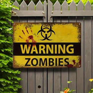 Imagem de Placa de metal vintage de aviso de zumbi - 20 x 30 cm, decoração de parede para casa e bar