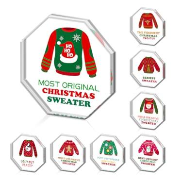 Imagem de 8 peças de troféus de suéter de Natal feio de 12 cm acrílico suéter feio troféu engraçado suéter de Natal feio prêmios de concurso de prêmios para adultos vencedores de Natal, festas de fim de ano