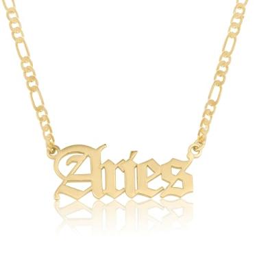 Imagem de Colar com nome do zodíaco para mulheres – placa de identificação gótica em inglês antigo na corrente Fígaro – 12 signos de astrologia e horóscopo, Medium, Banhado a ouro, Sem Pedra Preciosa