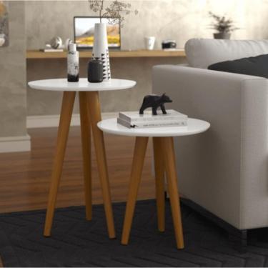 Imagem de Conjunto 2 Mesas Laterais Pés Palito em Madeira 4301 Sala Branco