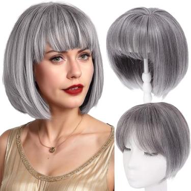Imagem de CROWN GUIDE Short Bob Hair Toppers for Women Thinning Hair 25,5 cm - 360° Capa 3D com franja fina para mulheres, peruca sintética com franja - Mistura cinza cinza