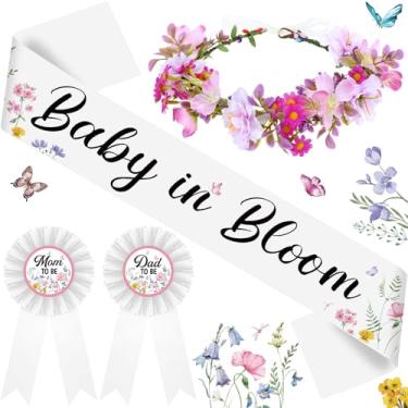 Imagem de Ceenna Faixa de chá de bebê Mom to Be Sash and Dad to Be Pin Flower Crown for Gender Reveals Baby Tea Party Favors Decorações para meninos meninas Pregnancy Props Gift (flor)