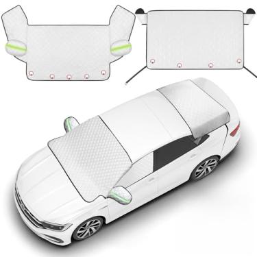 Imagem de Datanly Conjunto de capa de para-brisa de carro de 2 peças - proteção frontal e traseira para todos os climas com bordas magnéticas e capas de espelho lateral para carros, caminhões, SUVs - serve na