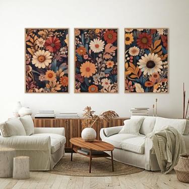 Imagem de SIWECUS Arte de parede floral laranja queimada boho, decoração de parede de flores modernas de meados do século, arte em tela emoldurada de flores silvestres vintage, impressões de arte botânica