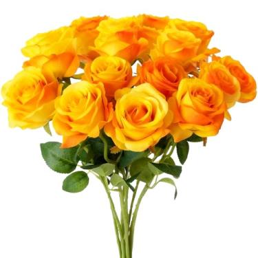 Imagem de TFSWUFI Flores artificiais de rosas laranjas, 15 peças, flores de seda de rosas falsas com hastes longas, rosa sintética para centros de mesa de casamento, decoração de casa, arranjos florais internos